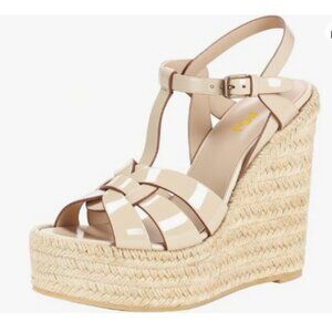 FSJ Nude Open Toe Espadrille Platform Ankle Strap Wedge Woven Cutout Sandals